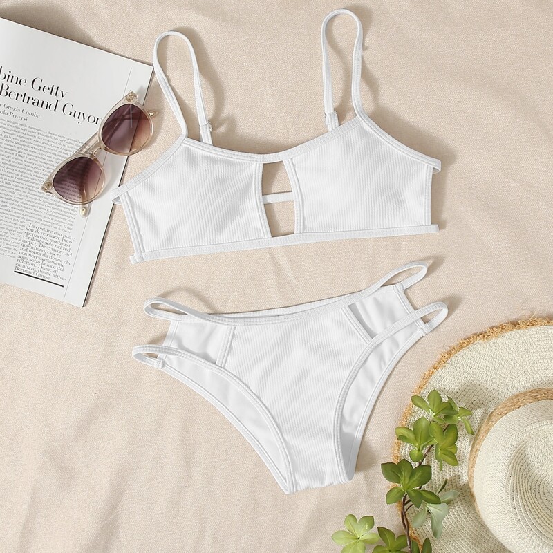 

Ribbed Cut-out Cami Bikini Swimsuit, White