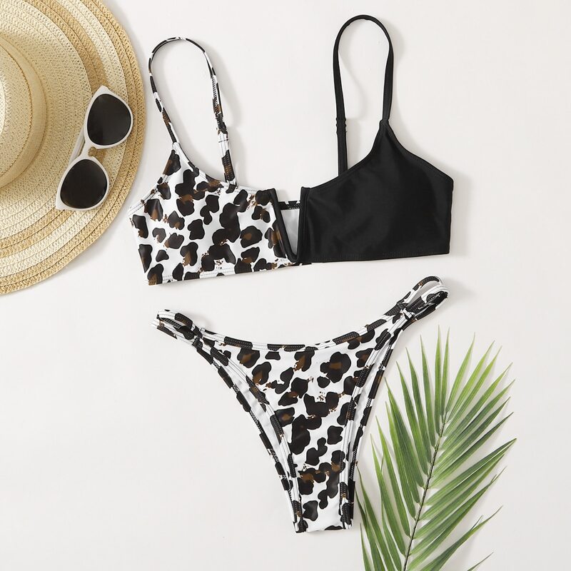 

Leopard V Wired Spliced High Leg Bikini Swimsuit, Multicolor