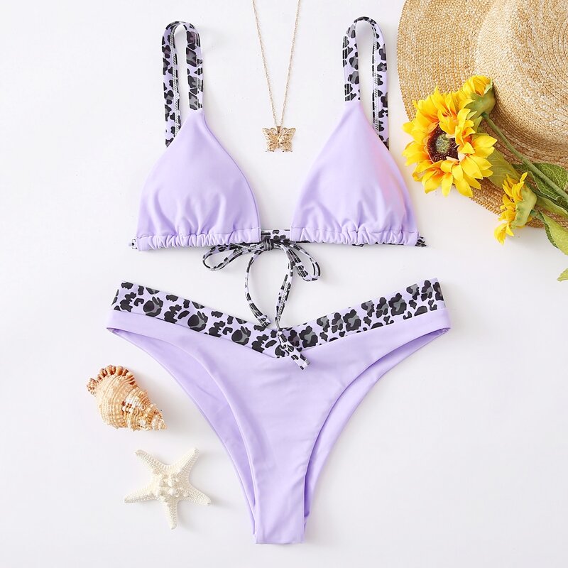 

Leopard Colorblock Triangle Bikini Swimsuit, Pastel lilac purple