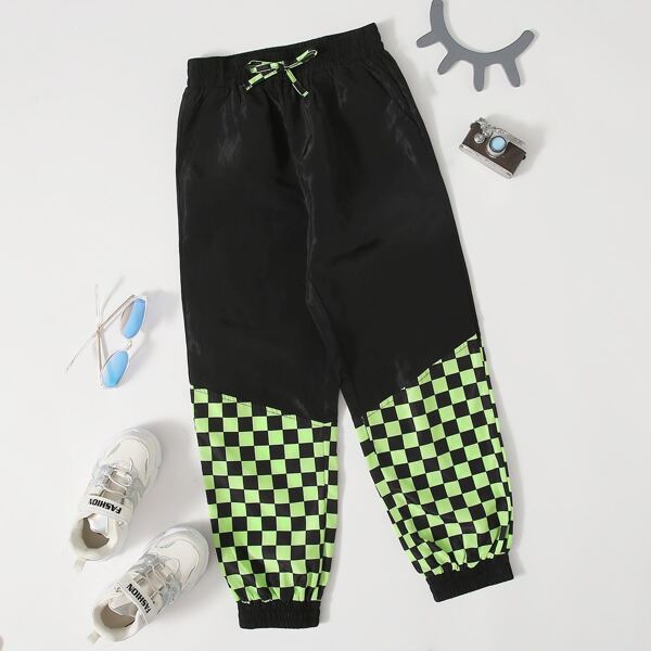 

Girls Elastic Waist Checker Panel Wind Pants, Black
