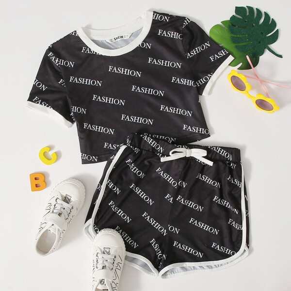 

Girls Letter Print Ringer Tee & Dolphin Shorts Set, Black