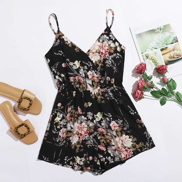 

Surplice Neck Floral Slip Romper, Black