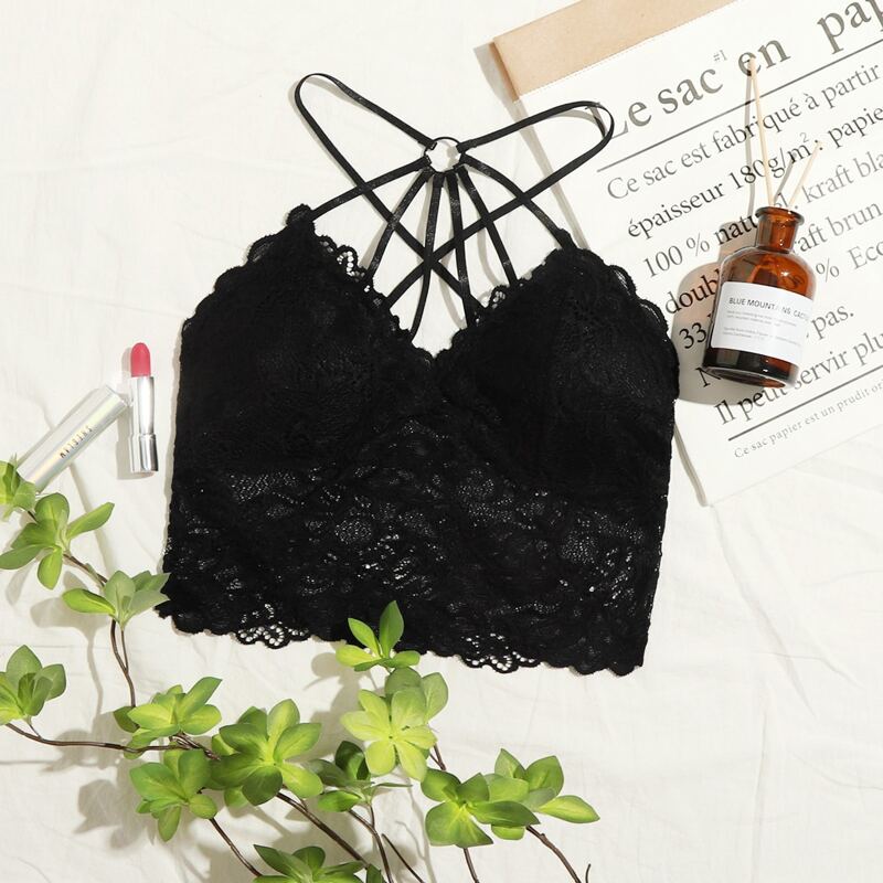 

Floral Lace Crisscross Bralette, Black