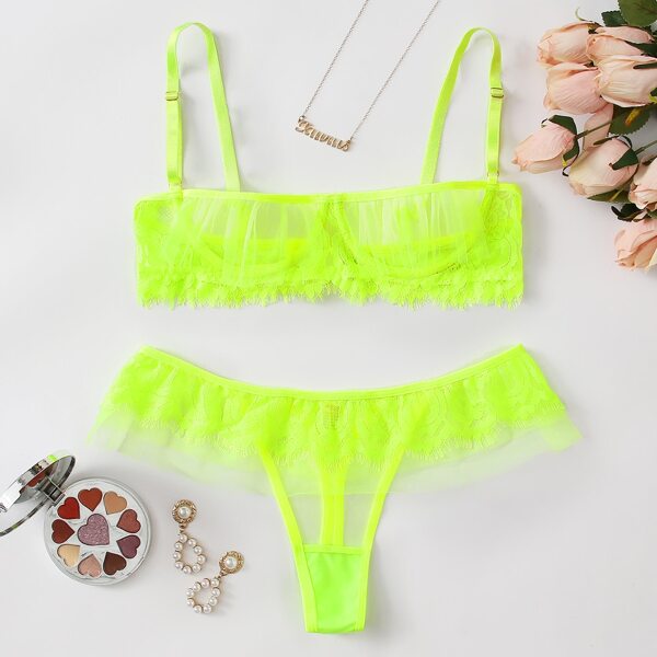 

Neon Lime Lace Trim Mesh Underwire Lingerie Set, Bright lime green