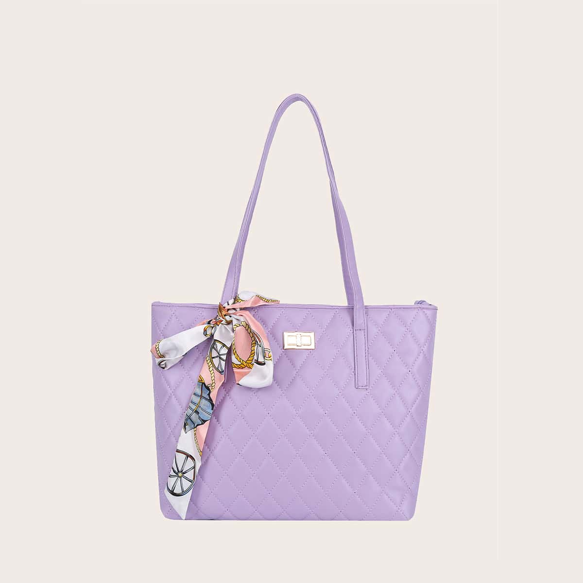 

Quilted Tote Bag With Twilly Scarf, Purple