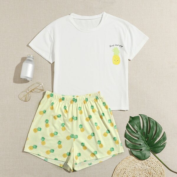 

Letter & Pineapple Print PJ Set, Multicolor