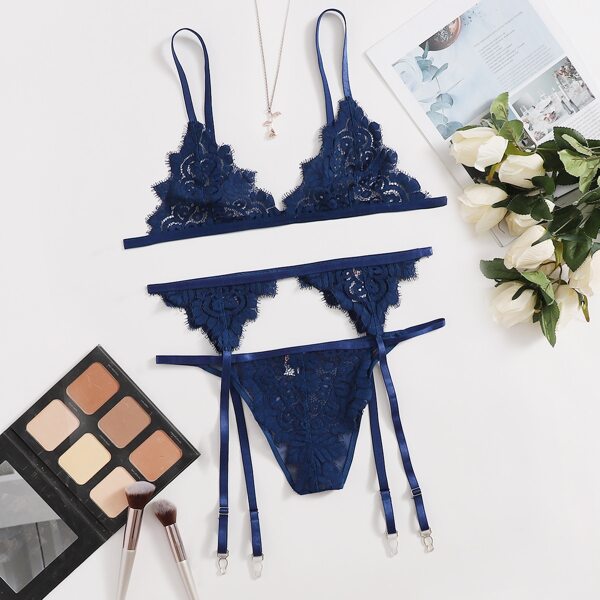 

Floral Lace Garter Lingerie Set, Navy blue