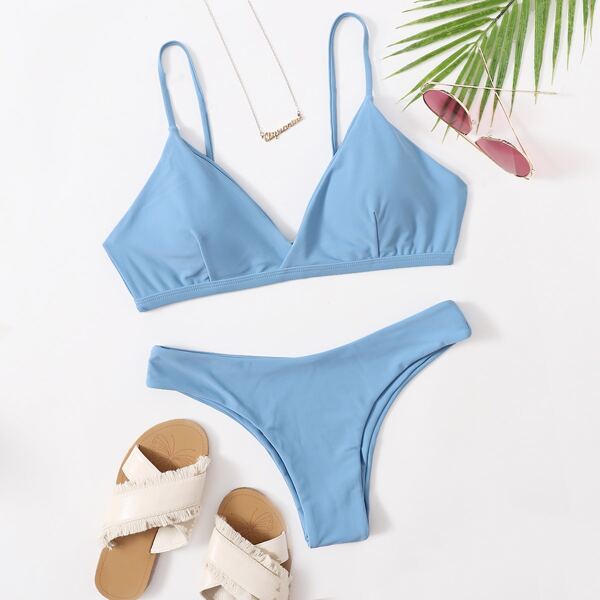 

Solid Adjustable Strap Bikini Swimsuit, Pastel baby blue