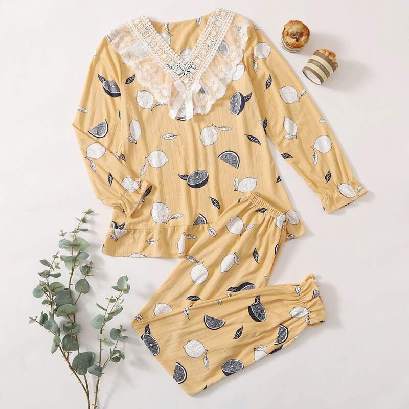 

Lemon Print Lace Neck PJ Set, Yellow