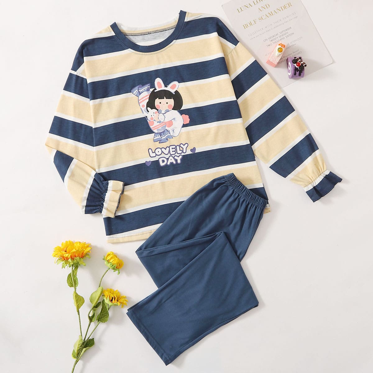 

Stripe & Cartoon Pattern PJ Set, Multicolor