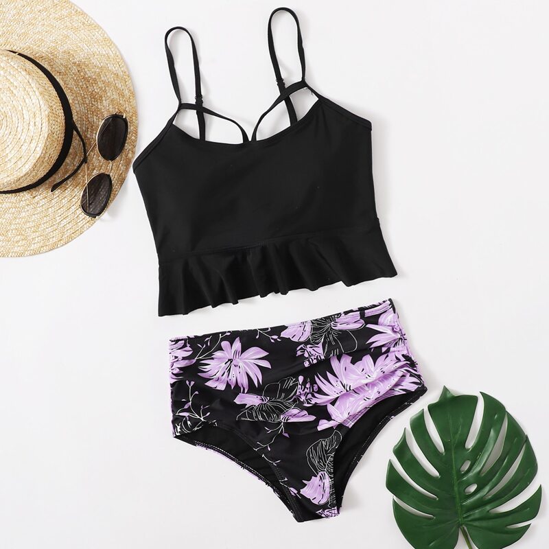 

Floral Ruffle Hem High Waisted Bikini Swimsuit, Black