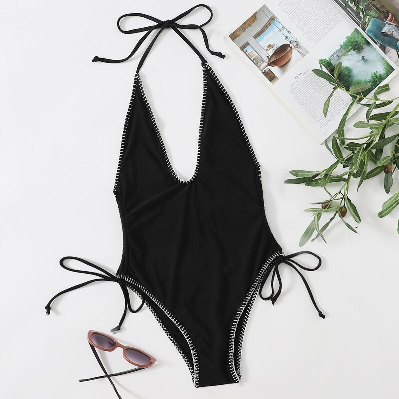 

Whip Stitch Tie Side One Piece Swimsuit, Black