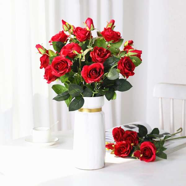 

1branch Artificial Rose With 2pcs Head, Multicolor