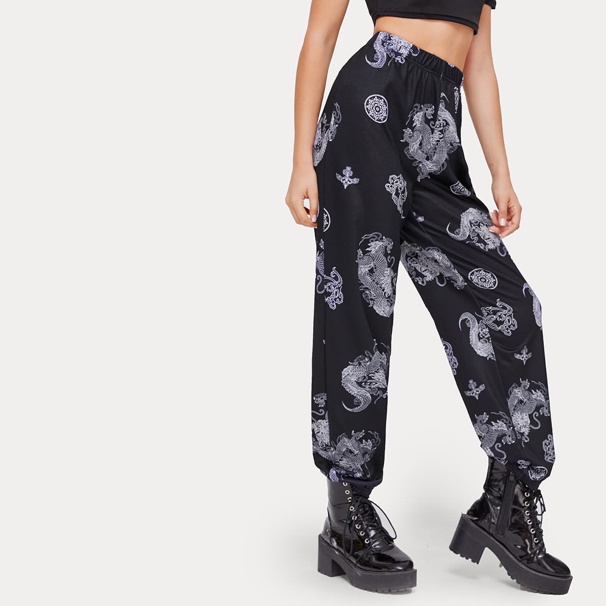 

Chinese Dragon Print Joggers, Black