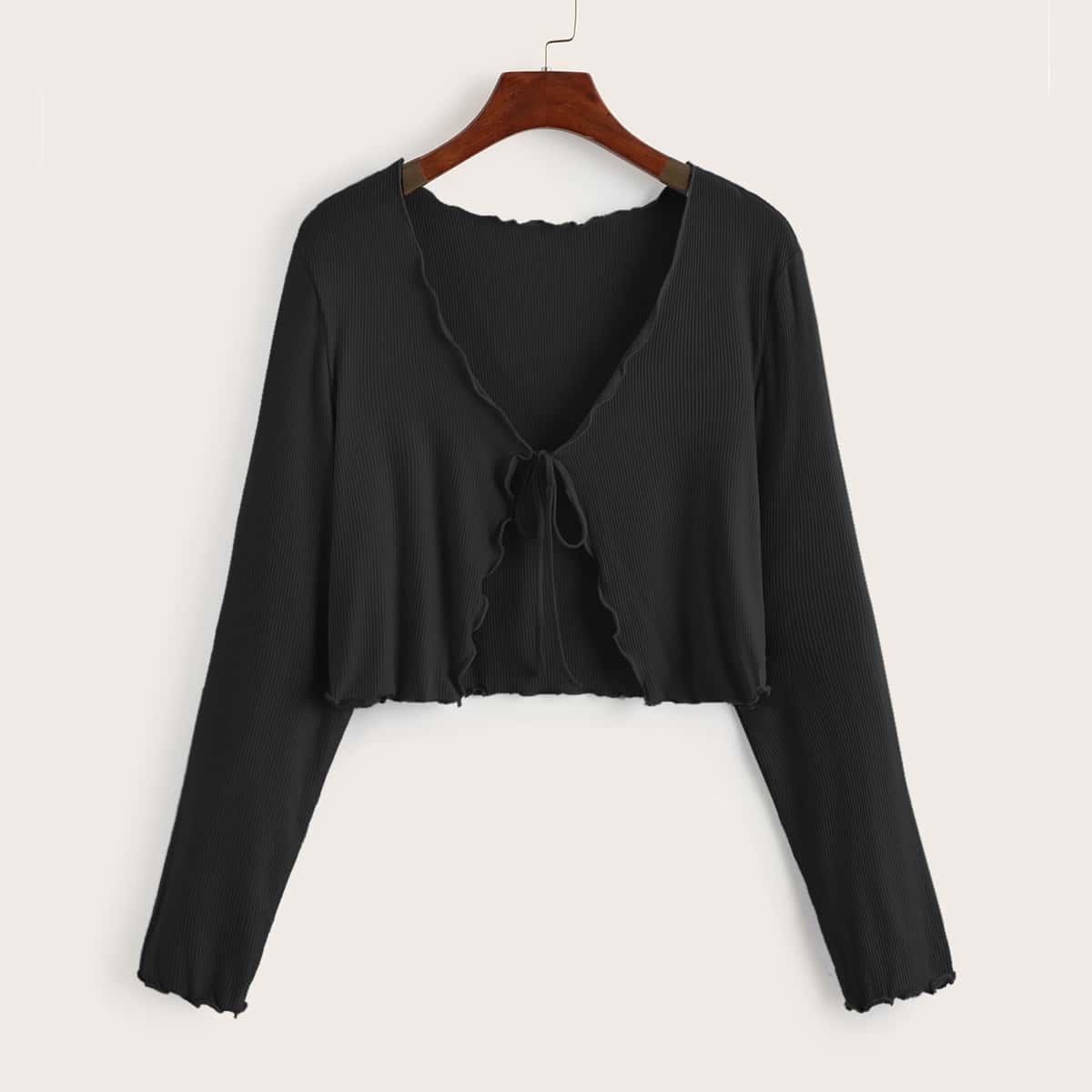 

Solid Tie Front Lettuce Edge Top, Black