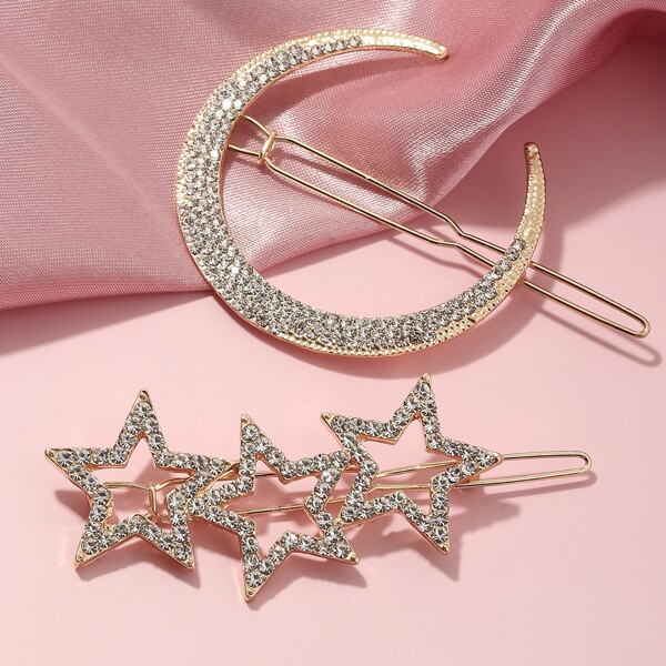 

2pcs Rhinestone Star Hair Clip, Gold