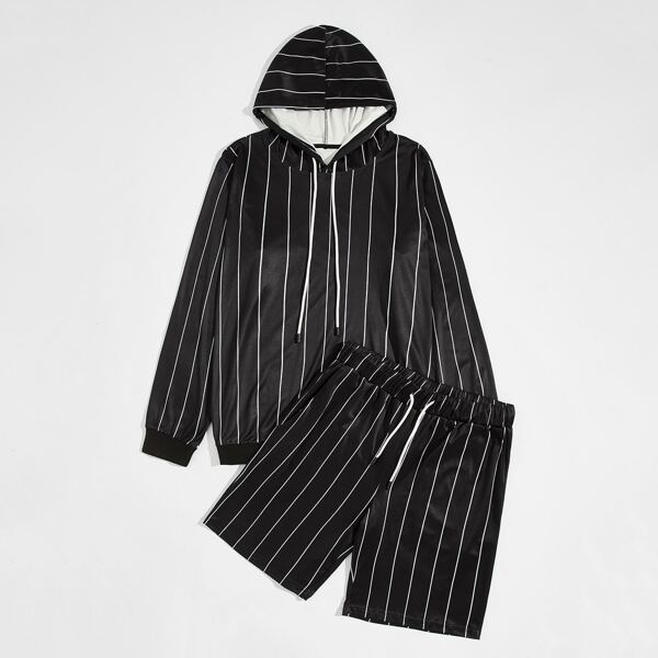 

Men Vertical Striped Drawstring Hoodie & Shorts, Black