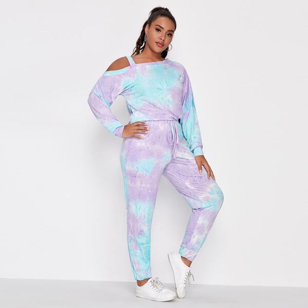 

Plus Tie Dye Asymmetrical Neck Tee With Joggers, Multicolor