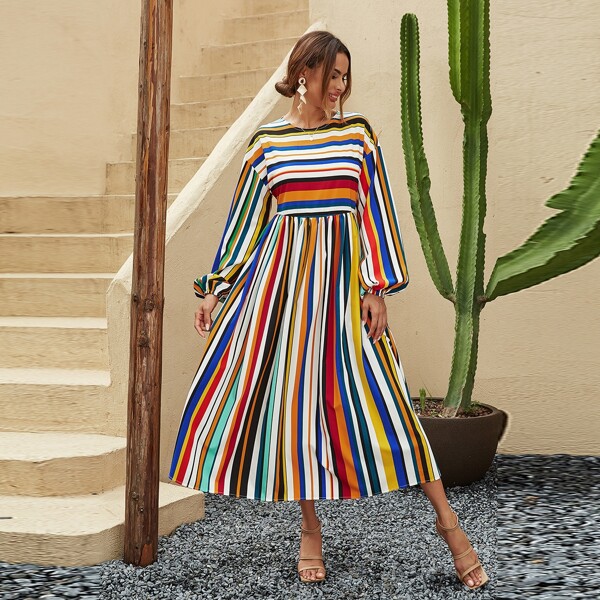 

Multi-color Striped Lantern Sleeve A-line Dress, Multicolor