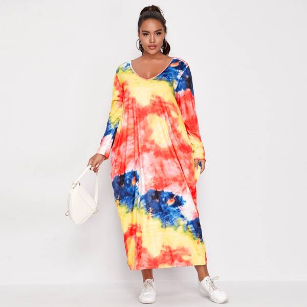 

Plus V-neck Tie Dye Draped Tee Dress, Multicolor