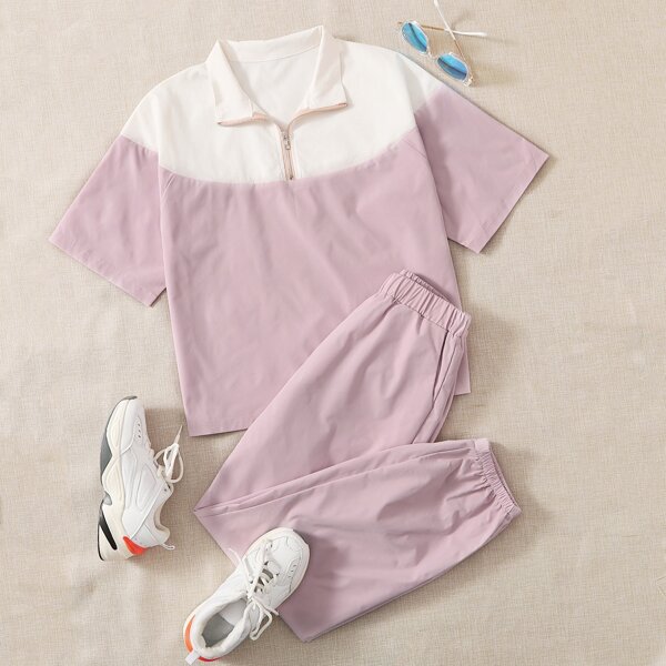 

Quarter Zipper Spliced Top With Pants, Dusty pink