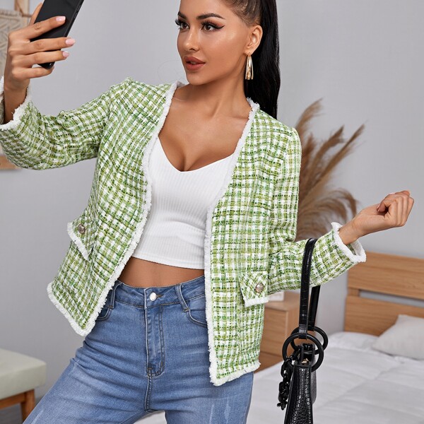 

Flap Pocket Raw Hem Plaid Tweed Jacket, Lime green