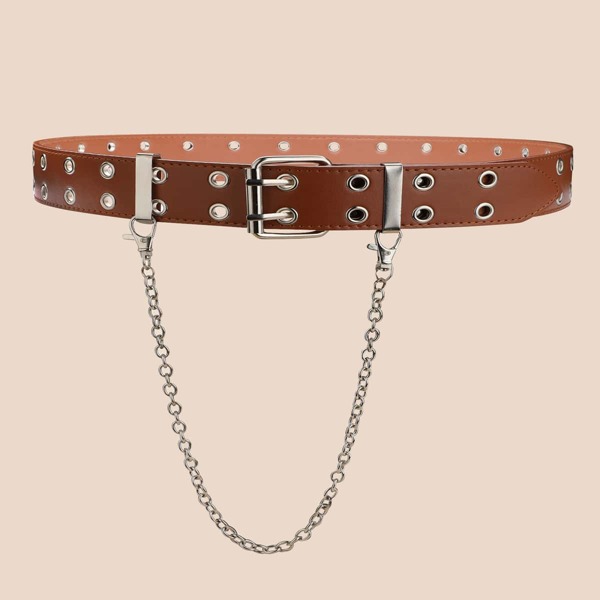 

Men Chain Decor Eyelet Buckle Belt, Camel