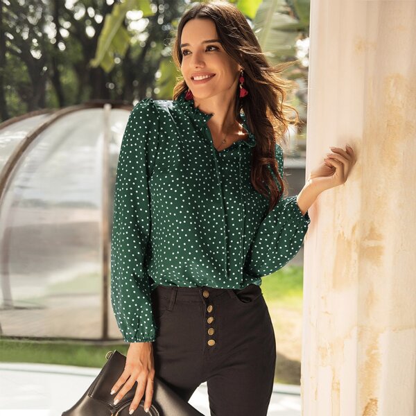 

Polk Dot Frill Tie Neck Blouse, Dark green