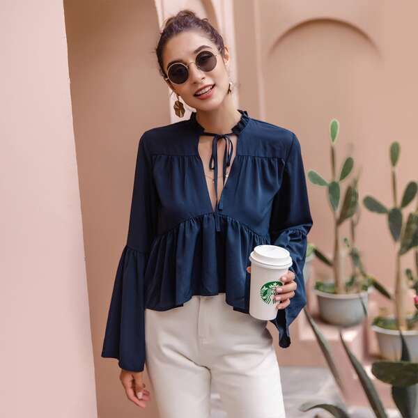 

Tie Neck Frill Babydoll Blouse, Navy blue