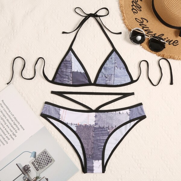 

Denim Patchwork Print Triangle Bikini Swimsuit, Multicolor