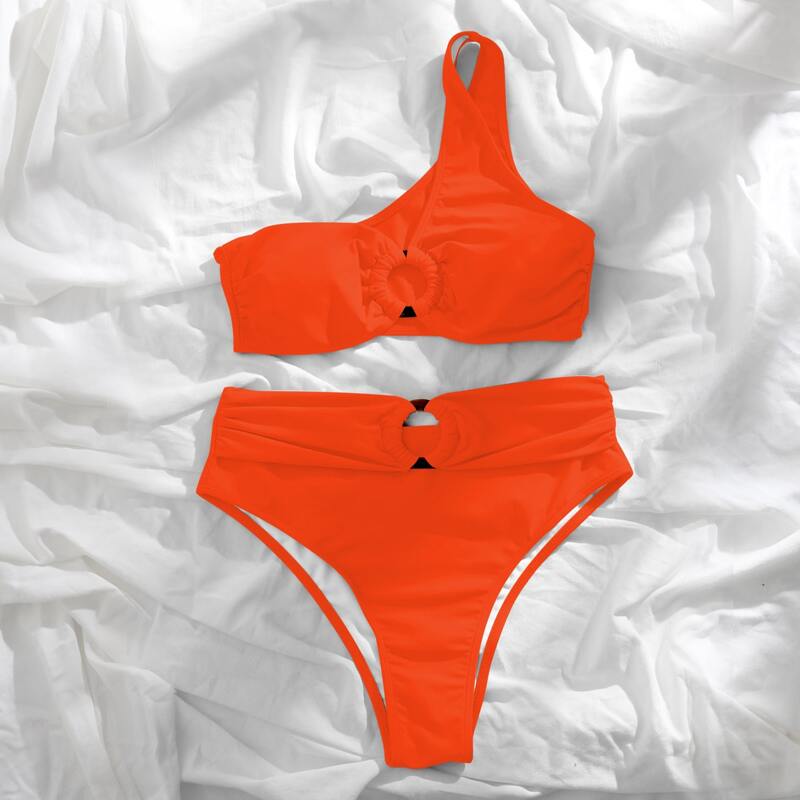 

Neon Orange Ring Linked One Shoulder Bikini Swimsuit, Orange neon