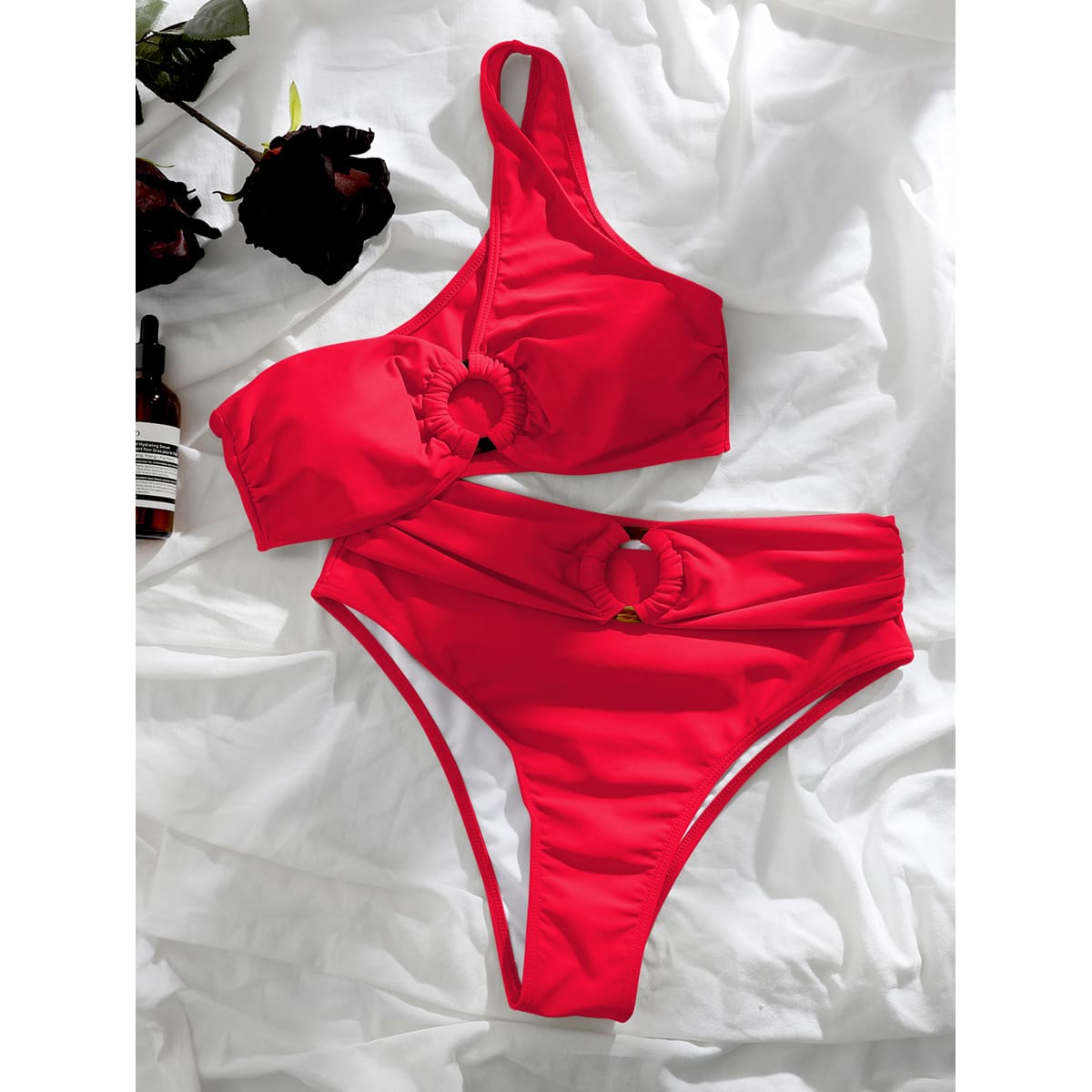 

Ring Linked One Shoulder Bikini Swimsuit, Red