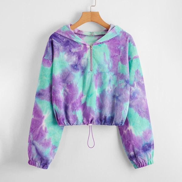 

Tie Dye Drawstring Crop Corduroy Hoodie, Multicolor