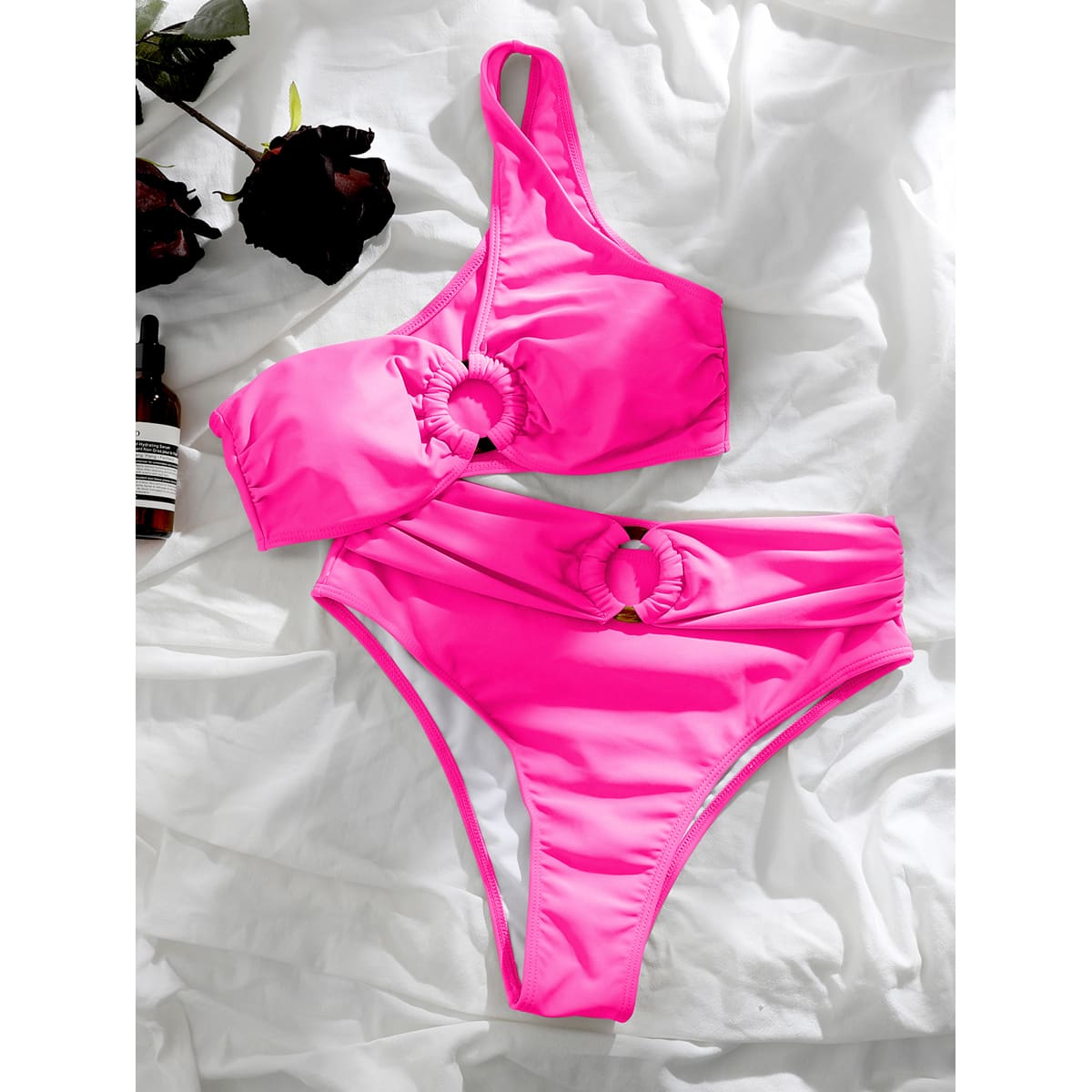 

Ring Linked One Shoulder Bikini Swimsuit, Hot pink