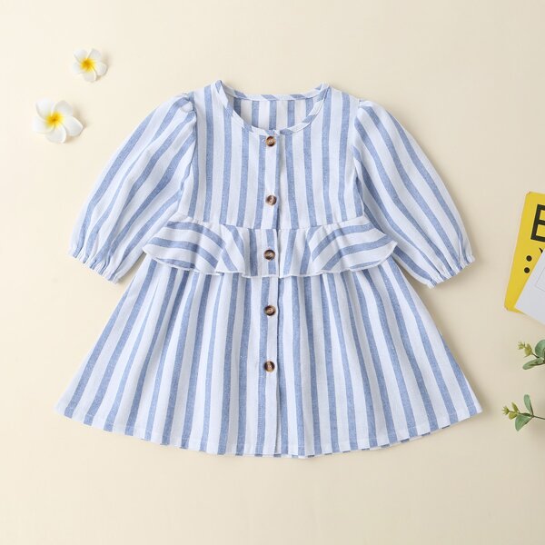 

Baby Girl Button Front Ruffle Trim Smock Dress, Blue and white