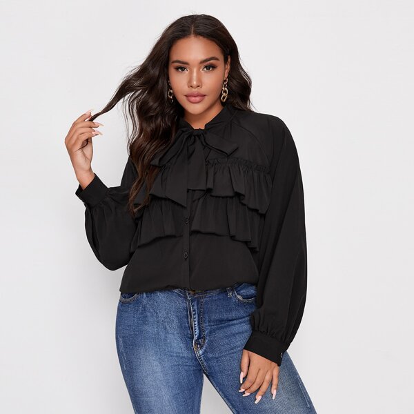 

Plus Tie Neck Ruffle Trim Blouse, Black