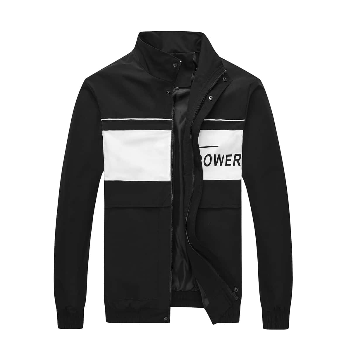 

Guys Contrast Panel Letter Graphic Zip Up Jacket, Black
