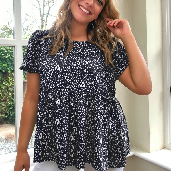 

Plus Puff Sleeve Allover Print Smock Top, Navy blue