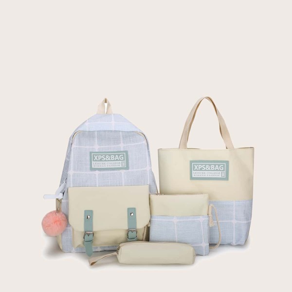 

4pcs Plaid Backpack With Pencil Case, Baby blue