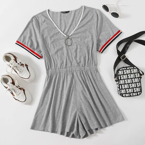 

Plus Zip Up Striped Cuff Romper, Light grey