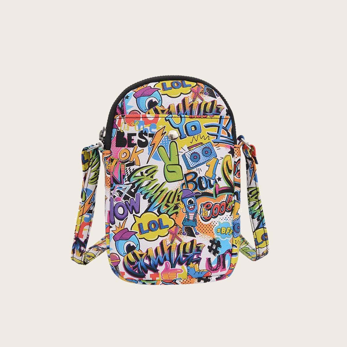 

Allover Cartoon Graffiti Crossbody Bag, Multicolor