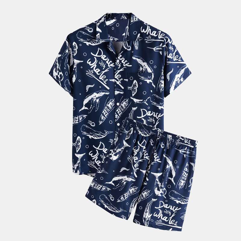 

Guys Whales Print Shirt & Drawstring Short, Navy blue