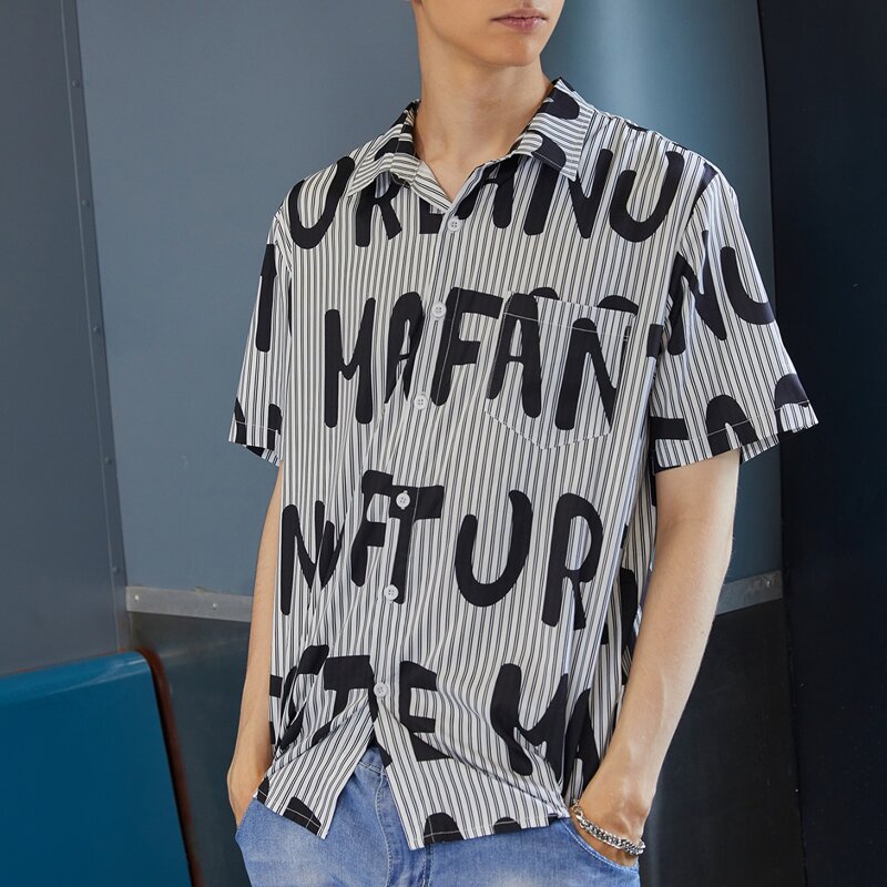 

Guys Letter Graphic Striped Shirt, Black and white