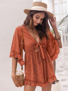 Breezaya 荷葉邊繫帶斑點連身短褲 - 亮橙色 - 查看 4