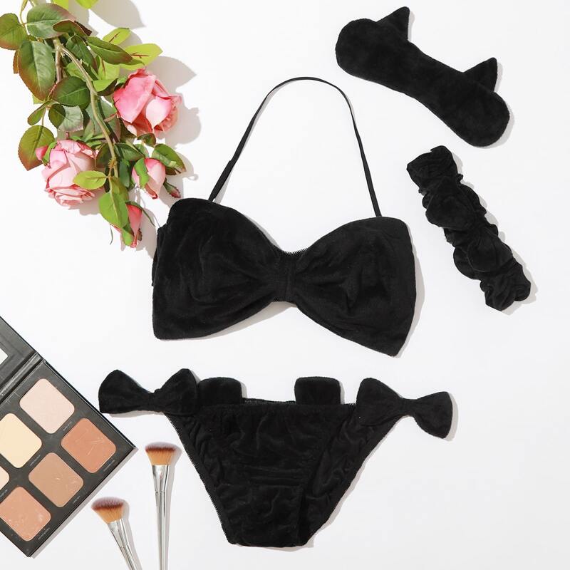 

Bow Decor Halter Lingerie Set With Choker & Eye Cover, Black