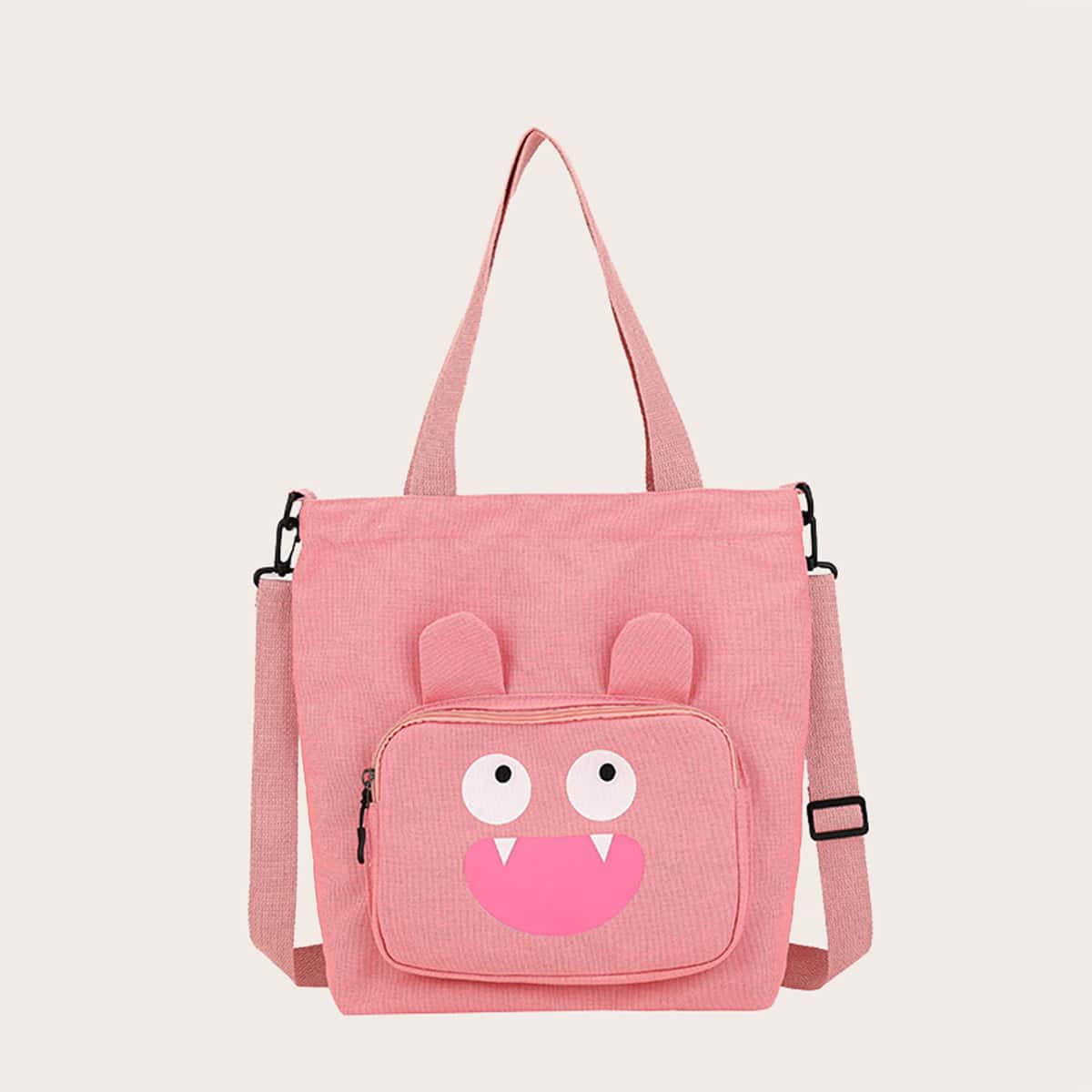 

Cartoon Pocket Canvas Tote Bag, Coral pink