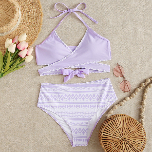 

Tribal Wrap Halter High Waisted Bikini Swimsuit, Pastel lilac purple