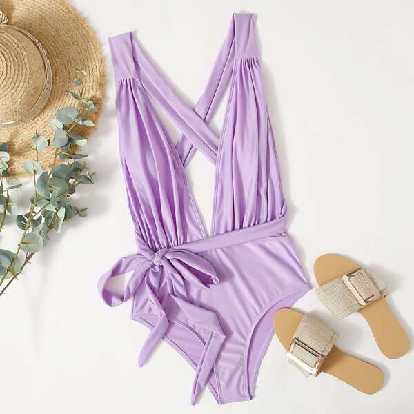 

Criss Cross Plunging One Piece Swimsuit, Pastel lilac purple