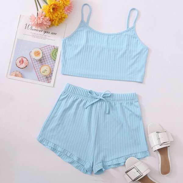 

Ribbed Knot Ruffle Hem Cami PJ Set, Baby blue
