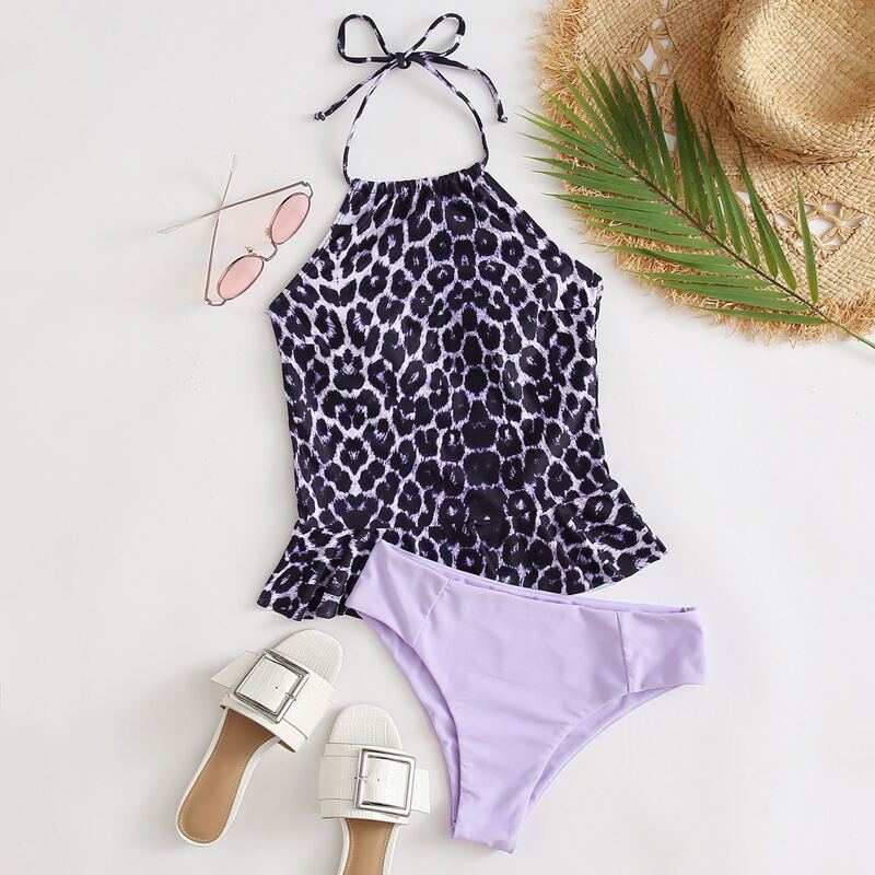 

Leopard Ruffle Hem Halter Bikini Swimsuit, Multicolor